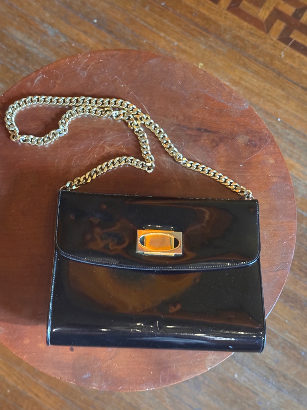 Crown Lewis Black Patent Chain Crossbody Bag with Gold Hardware
